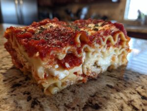 Close-up of a thick, layered slice of lazy day crockpot ravioli lasagna with rich tomato sauce and cheese.