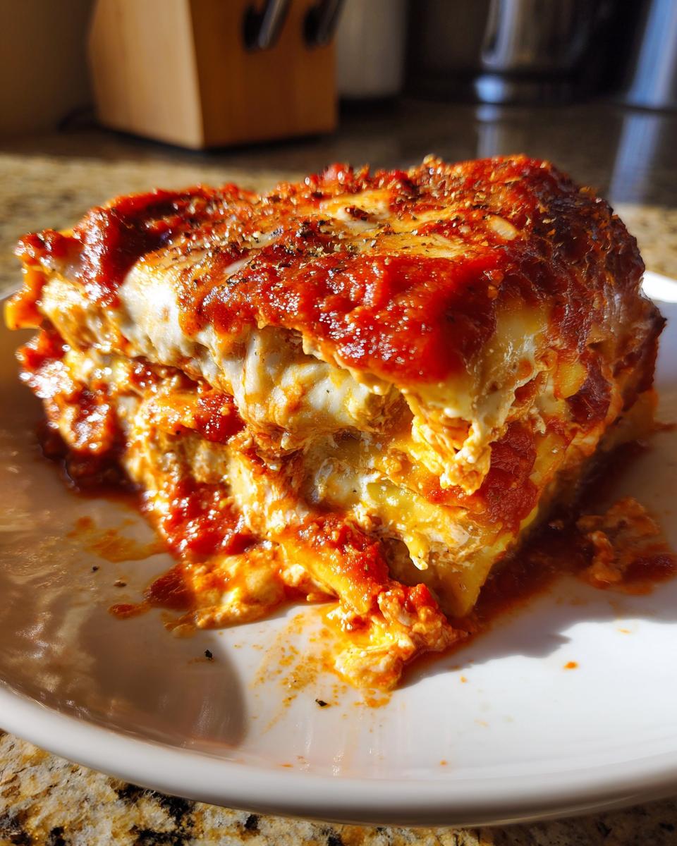 A generous slice of lazy day crockpot ravioli lasagna covered in rich tomato sauce and melted cheese.
