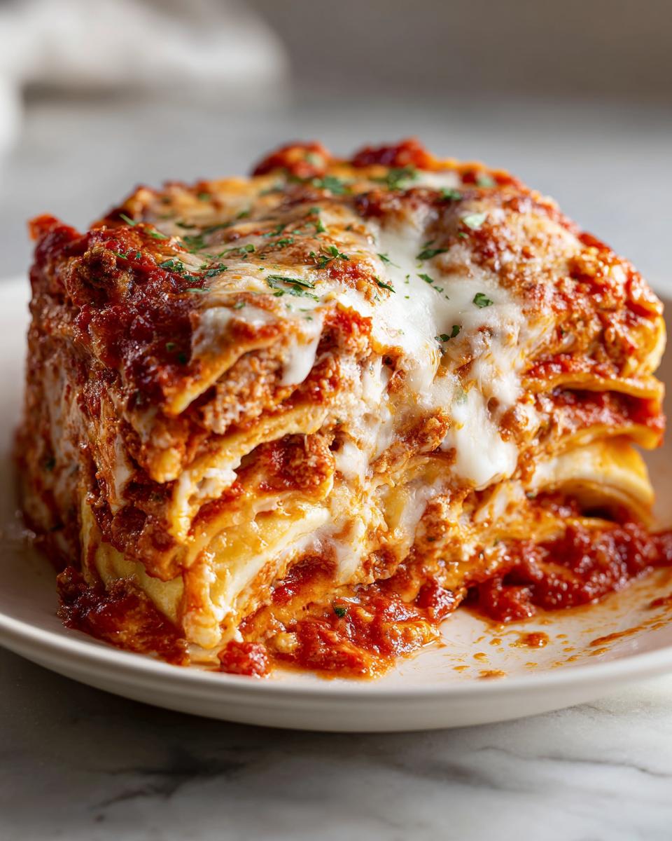A thick, layered slice of lazy day crockpot ravioli lasagna covered in melted cheese and rich tomato sauce.