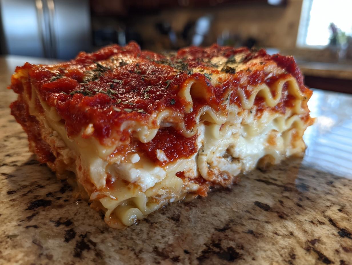 Close-up of a thick, layered slice of lazy day crockpot ravioli lasagna with rich tomato sauce and cheese.