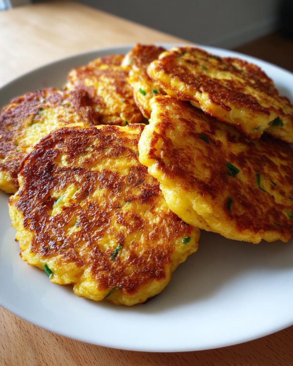 A stack of golden brown leftover mashed potato pancakes, flecked with green herbs, served on a white plate.