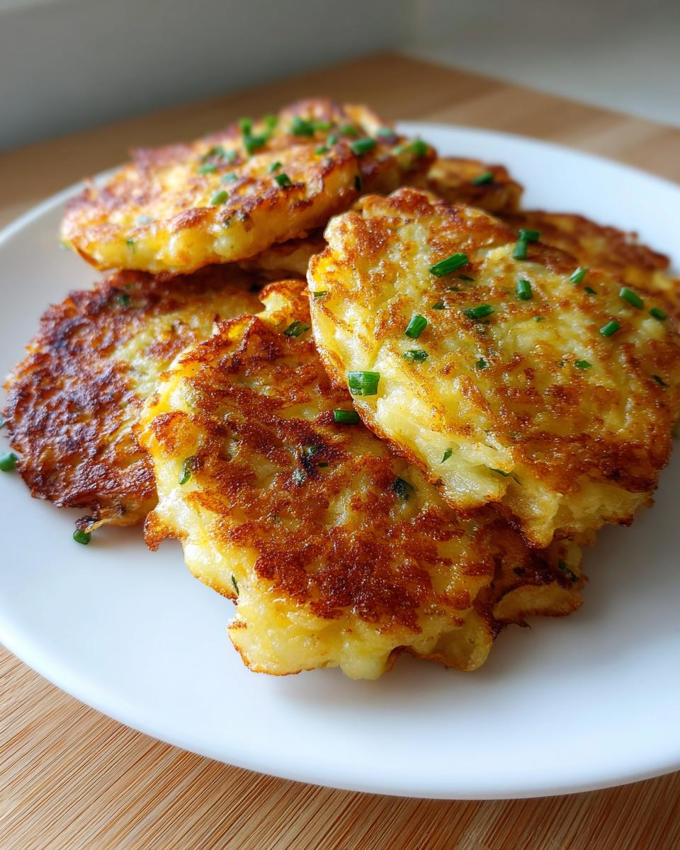 A stack of golden-brown leftover mashed potato pancakes, garnished with fresh chives, served on a white plate.
