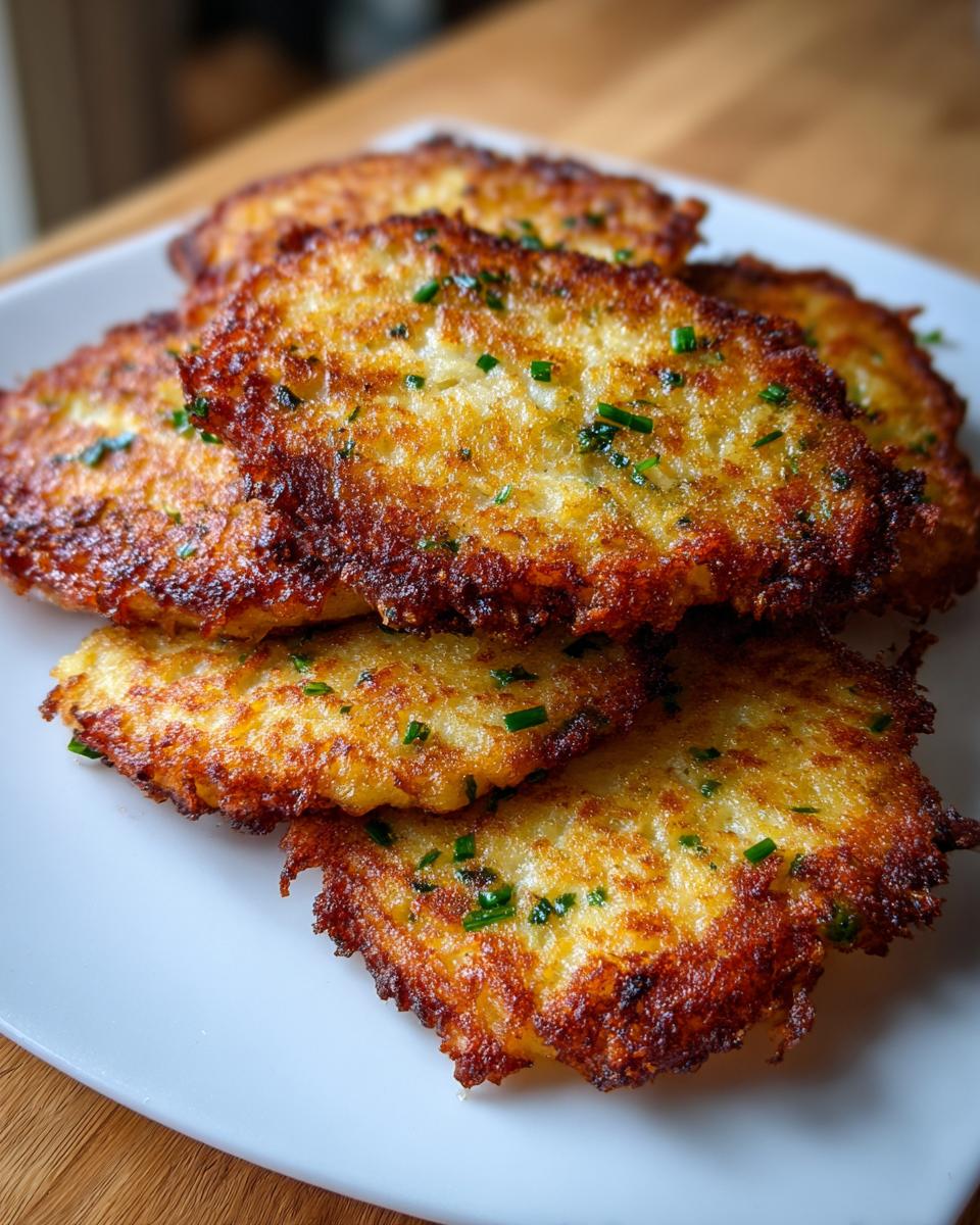 A stack of crispy, golden leftover mashed potato pancakes garnished with fresh chives on a white plate.