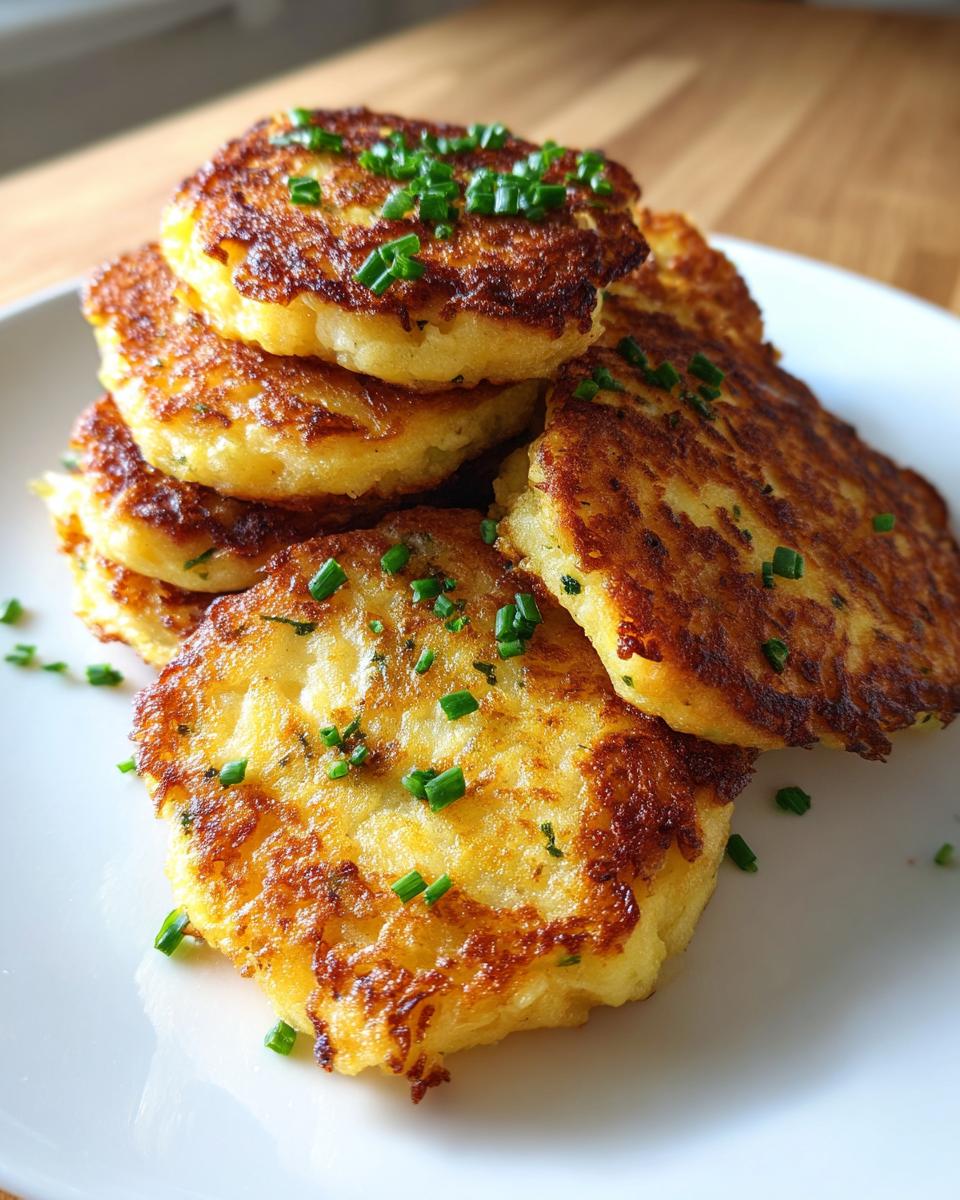 A stack of golden brown leftover mashed potato pancakes garnished with fresh chopped chives on a white plate.