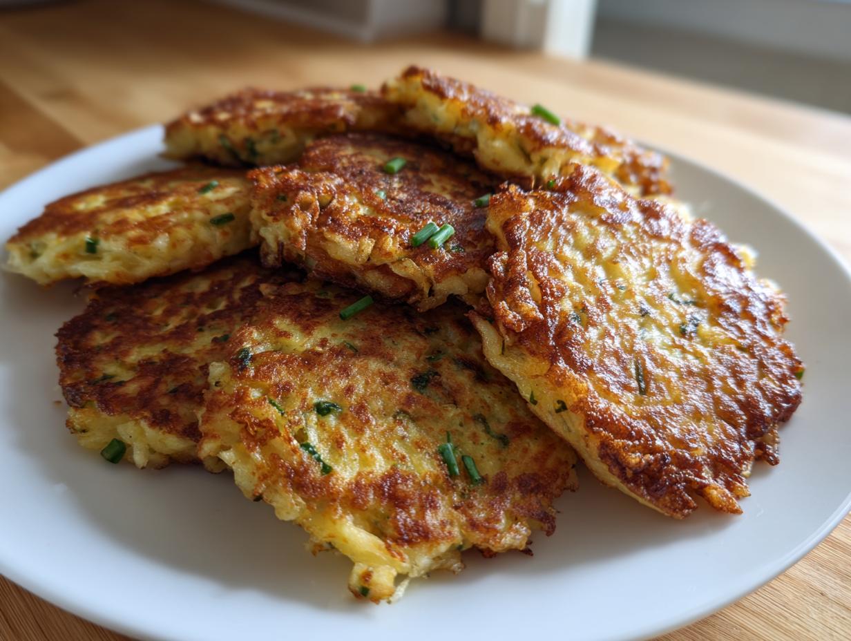 A stack of golden-brown leftover mashed potato pancakes, garnished with chives, served on a white plate.