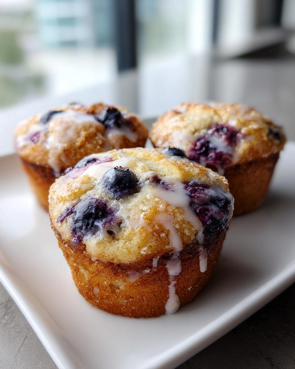 Three moist lemon blueberry cottage cheese muffins topped with a sweet white glaze, served on a white plate.