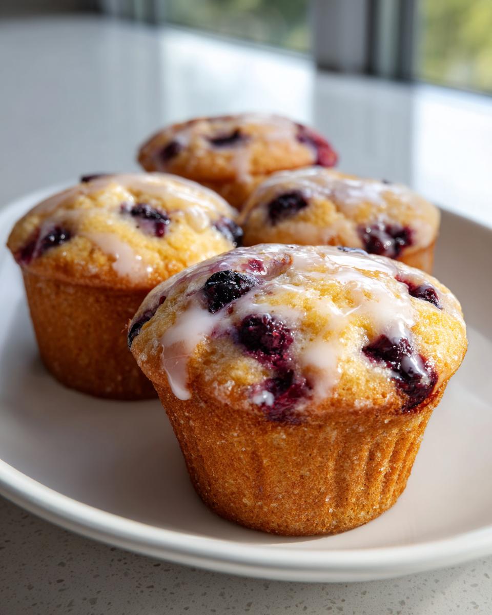 Four freshly baked lemon blueberry cottage cheese muffins topped with a light glaze, sitting on a white plate.