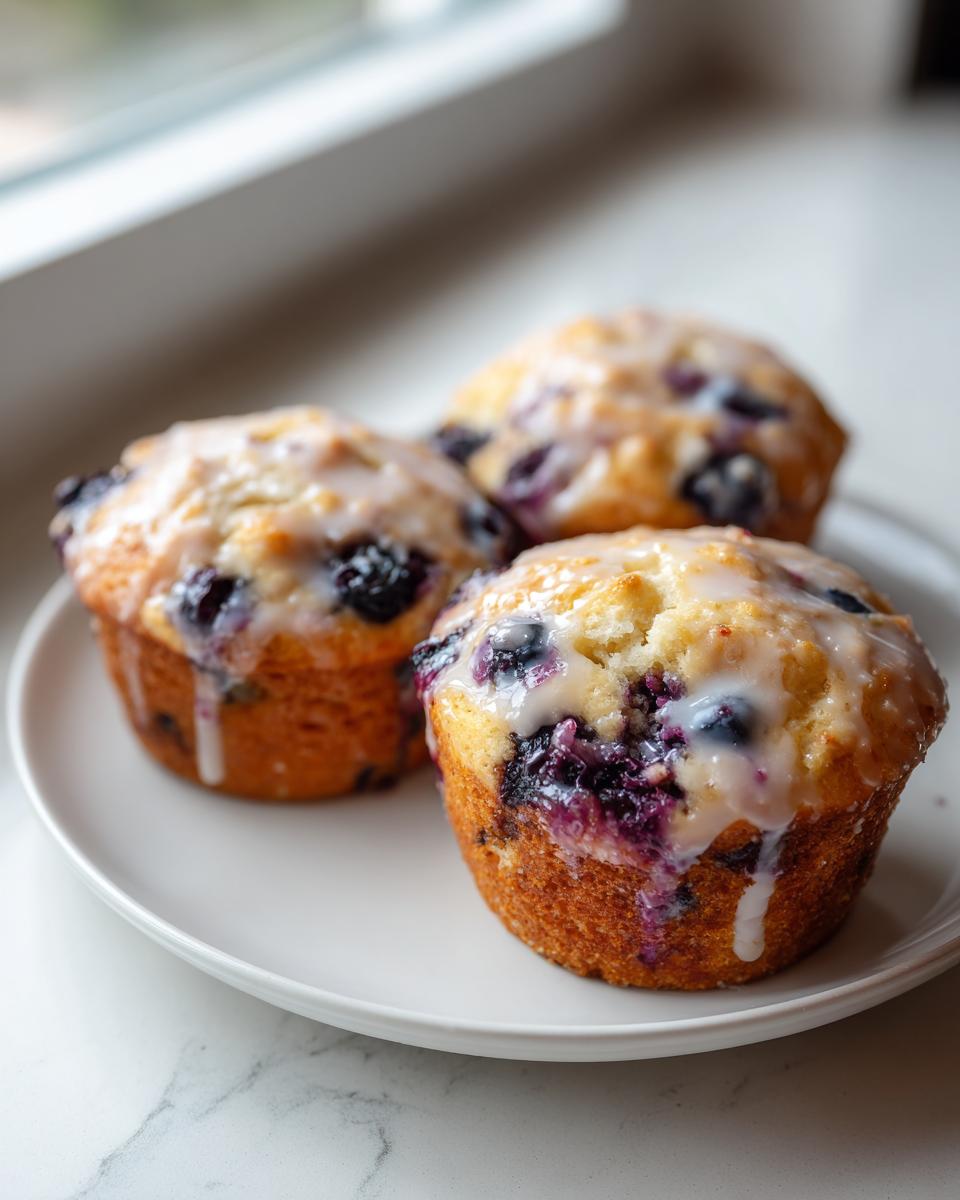 Three freshly baked lemon blueberry cottage cheese muffins topped with a white lemon glaze, sitting on a white plate.