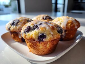 Four golden lemon blueberry cottage cheese muffins topped with a white glaze, sitting on a white plate.