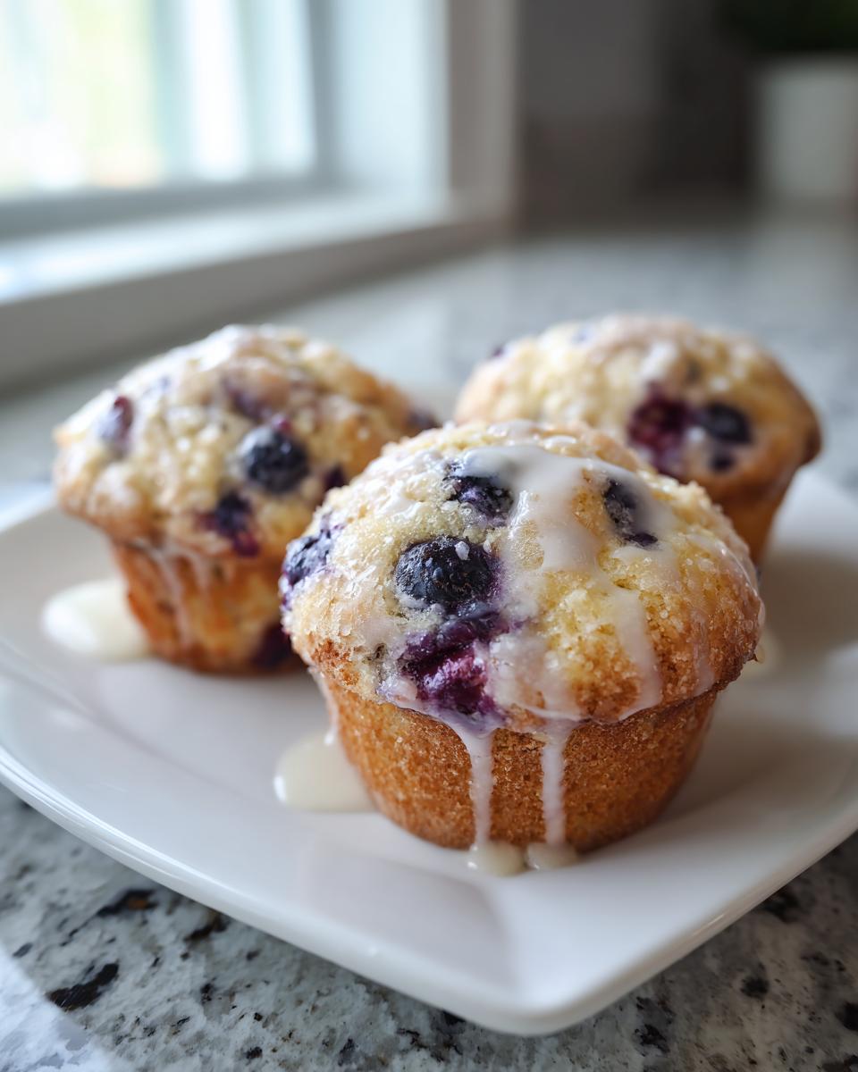Three freshly baked lemon blueberry cottage cheese muffins topped with a sweet lemon glaze, resting on a white plate.