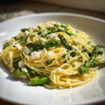 A serving of bright lemon capellini salad tossed with bright green asparagus pieces and crumbled white cheese.