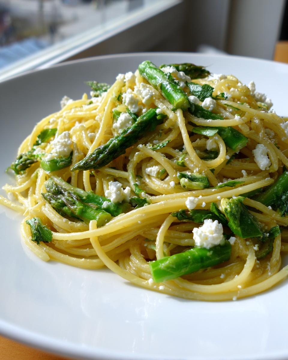 Close-up of a bright lemon capellini salad tossed with bright green asparagus pieces and crumbled white cheese.