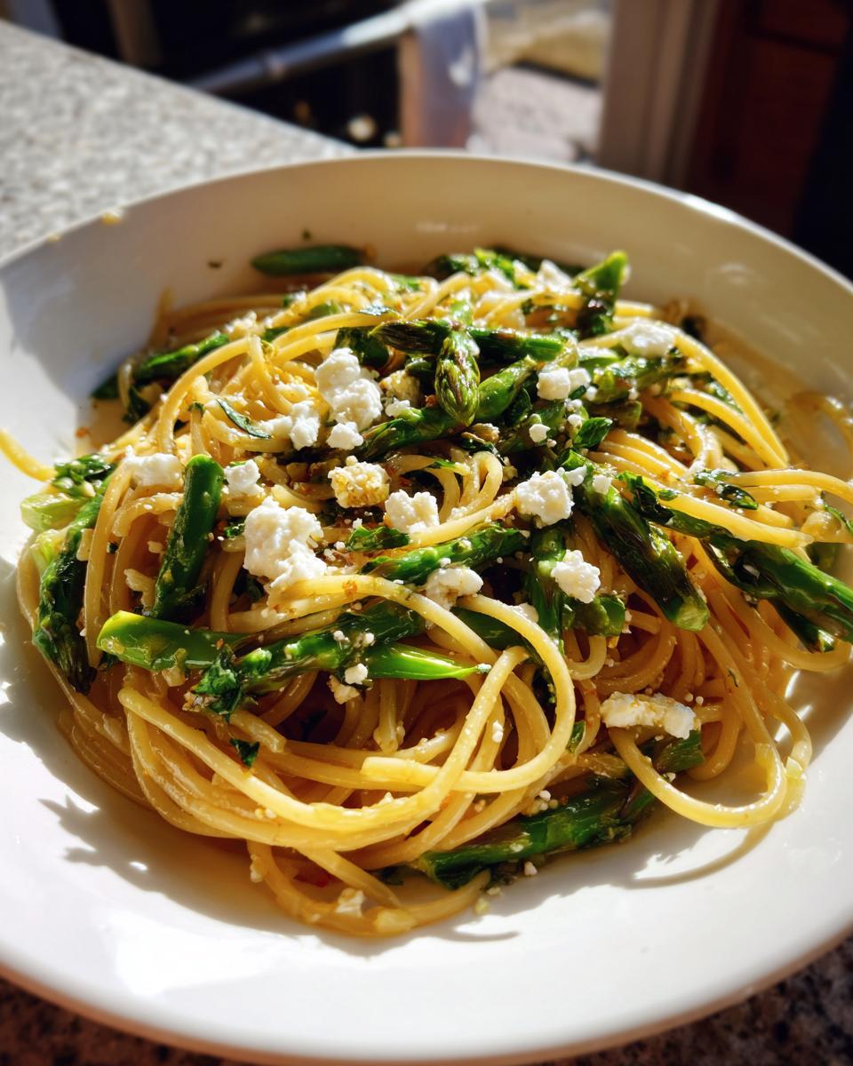 Close-up of a bright lemon capellini salad tossed with bright green asparagus pieces and crumbled white feta cheese.