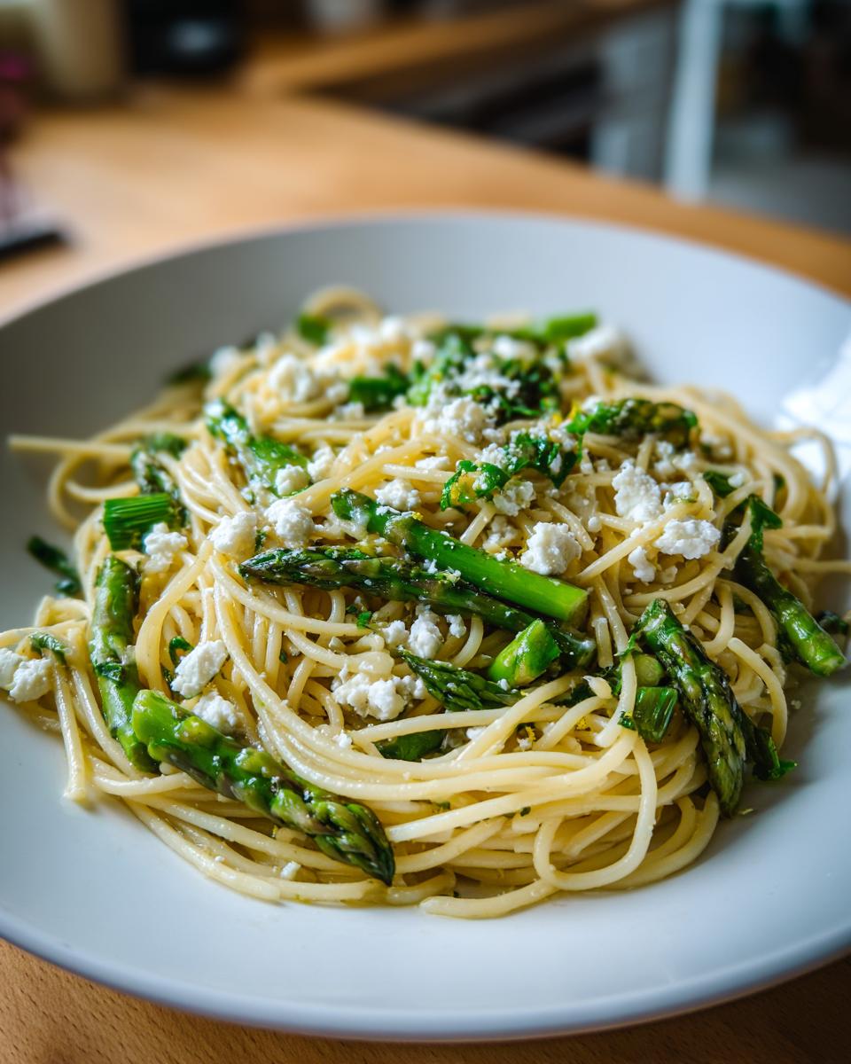 Close-up of a white bowl filled with lemon capellini salad tossed with bright green asparagus and crumbled feta cheese.