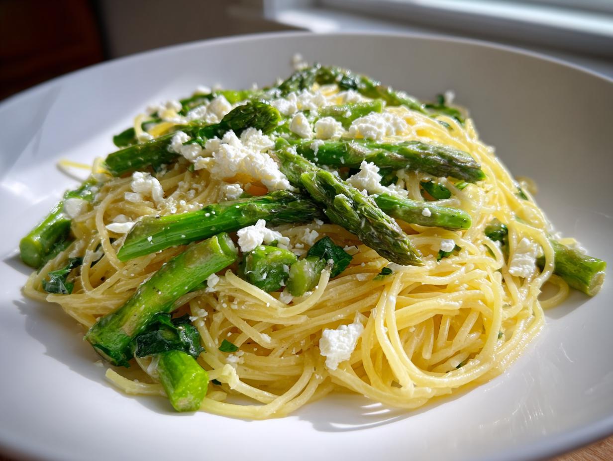 Close-up of a bright lemon capellini salad tossed with vibrant green asparagus spears and crumbled white feta cheese.