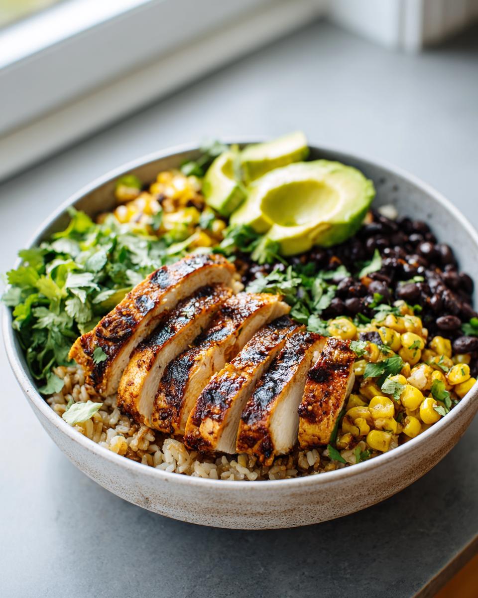 Close-up of a lemon chili grilled chicken bowls featuring sliced grilled chicken over brown rice, topped with black beans, corn, avocado, and cilantro.