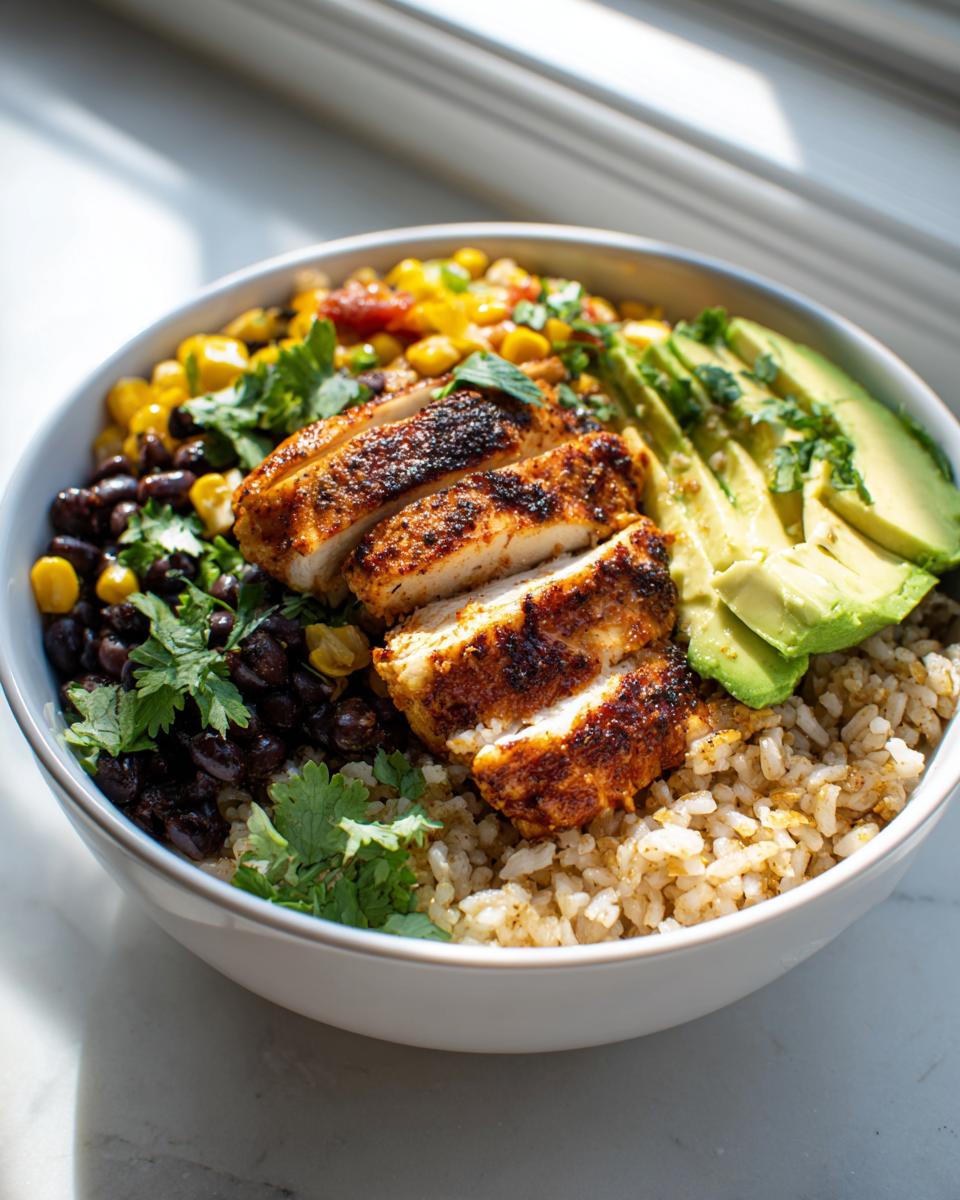 Close-up of a bowl containing lemon chili grilled chicken bowls ingredients: sliced seasoned chicken, brown rice, black beans, corn, and avocado slices.