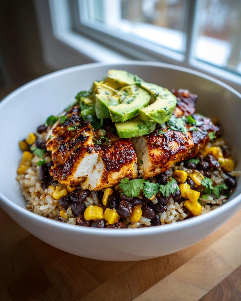 A white bowl filled with lemon chili grilled chicken bowls, featuring seasoned chicken, rice, black beans, corn, and sliced avocado.