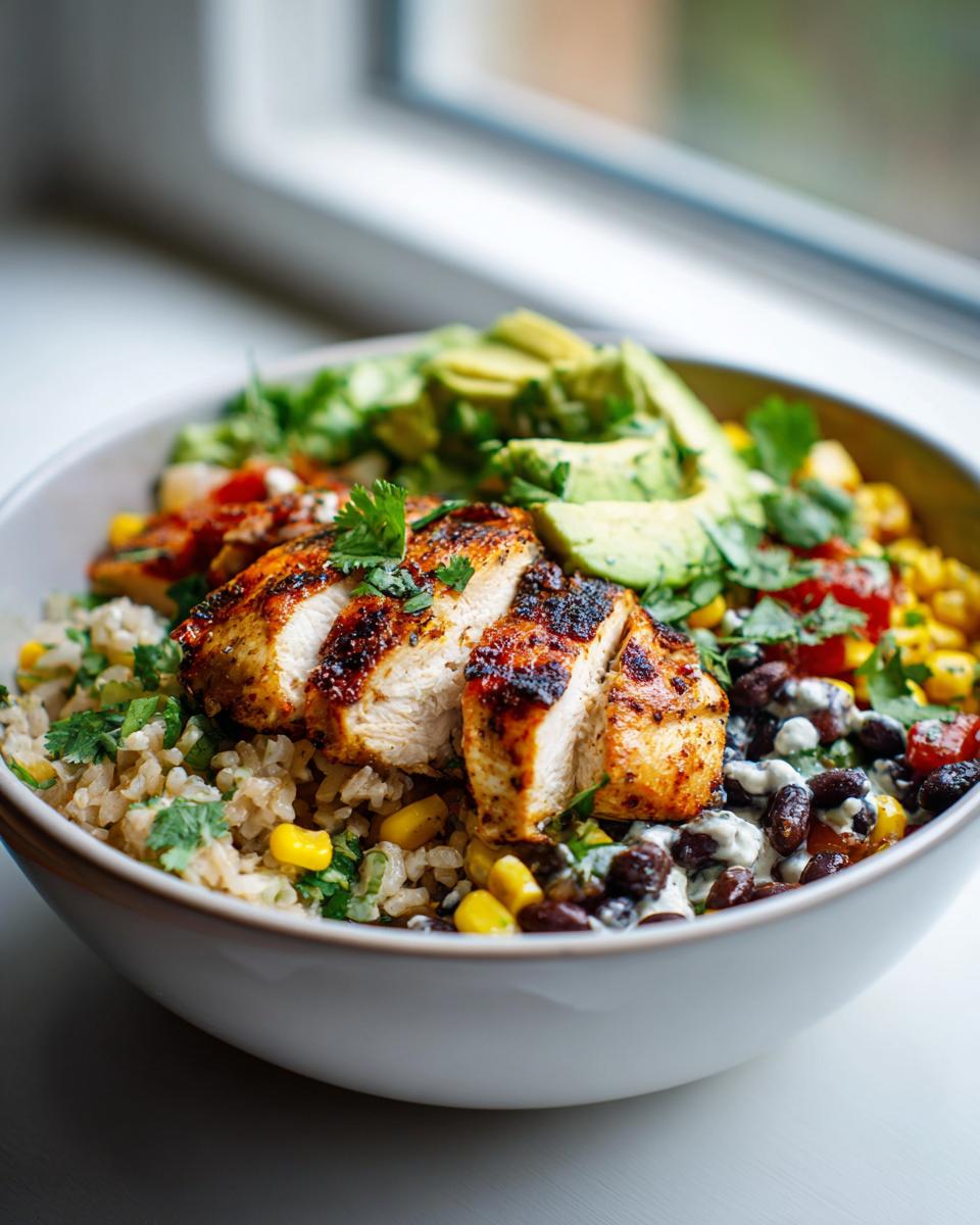 Close-up of a bowl featuring sliced lemon chili grilled chicken over rice, topped with avocado, black beans, and corn.