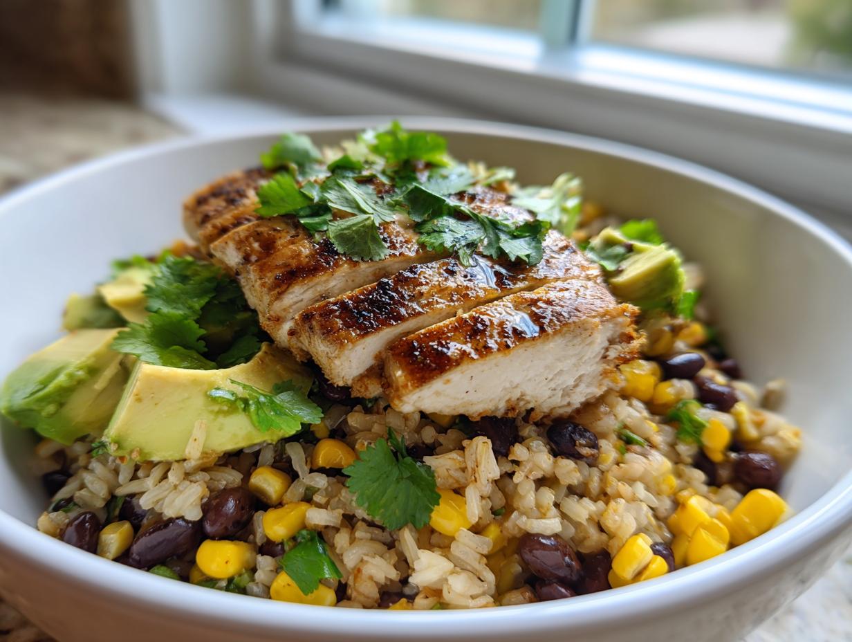 A close-up of lemon chili grilled chicken bowls featuring sliced chicken, avocado, black beans, and corn over rice, topped with cilantro.