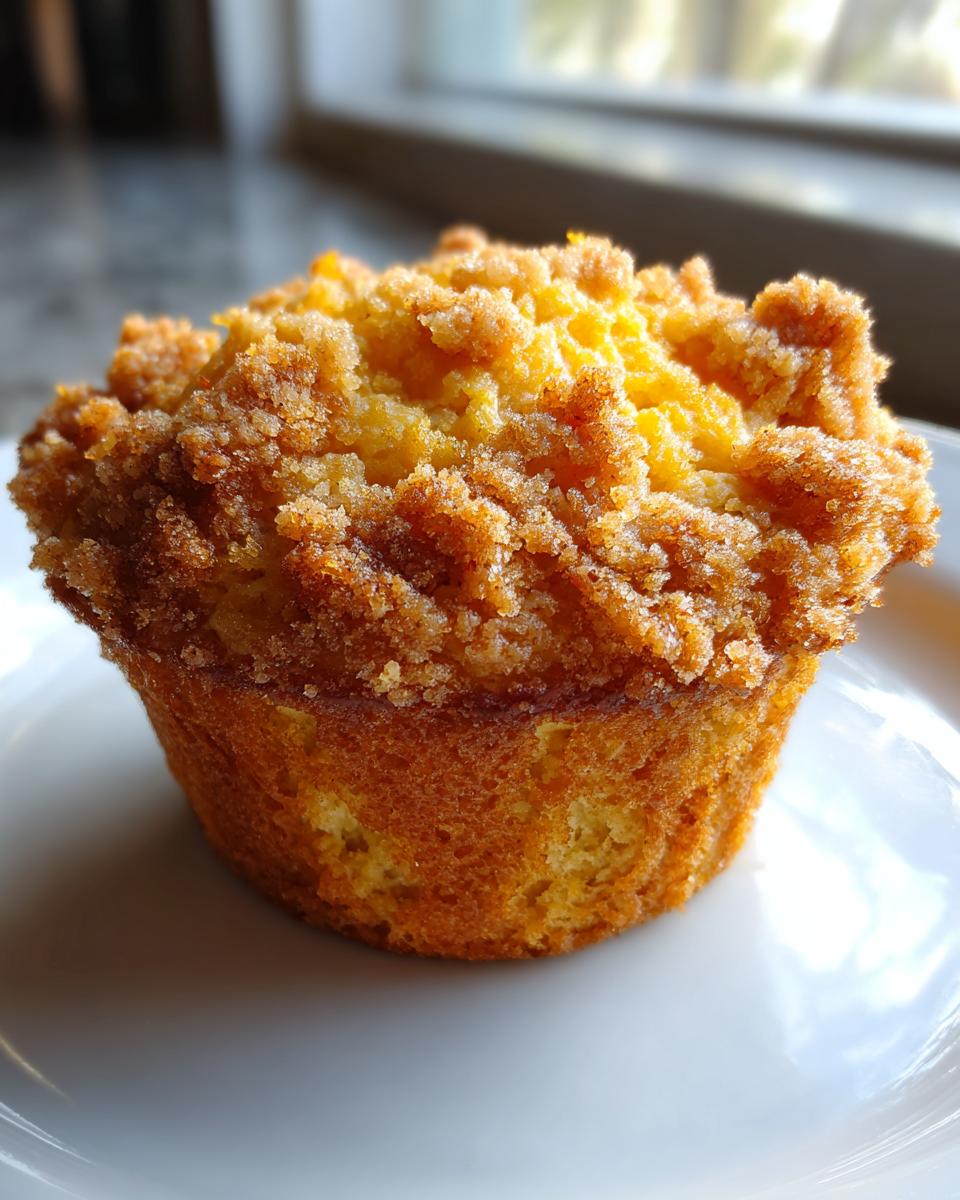 A single, perfectly baked lemon crumb muffin featuring a thick, golden-brown, sugary streusel topping.