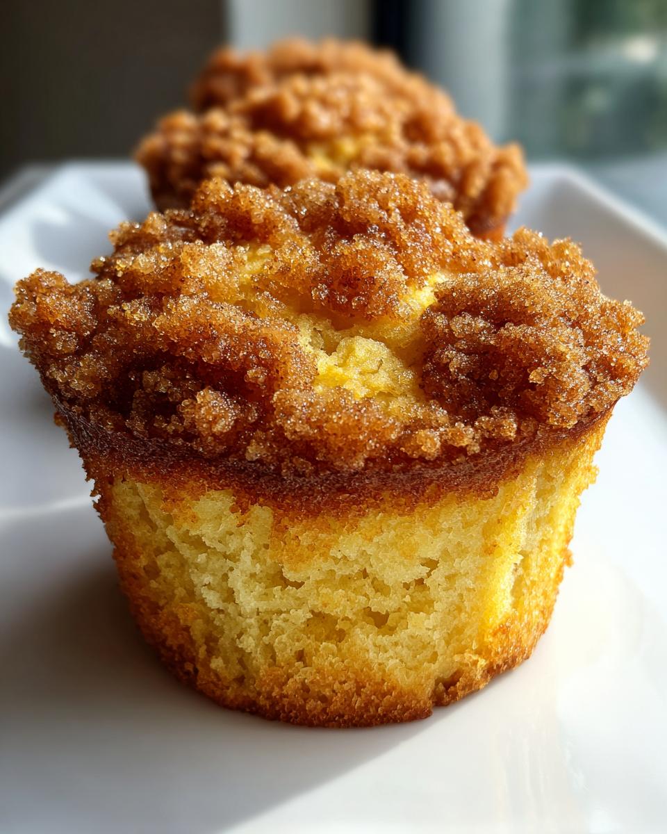 A close-up photo of a moist lemon crumb muffin featuring a thick, sugary brown streusel topping.