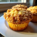 A close-up photo of a golden lemon crumb muffin topped with a thick, sugary streusel, sitting on a white plate.