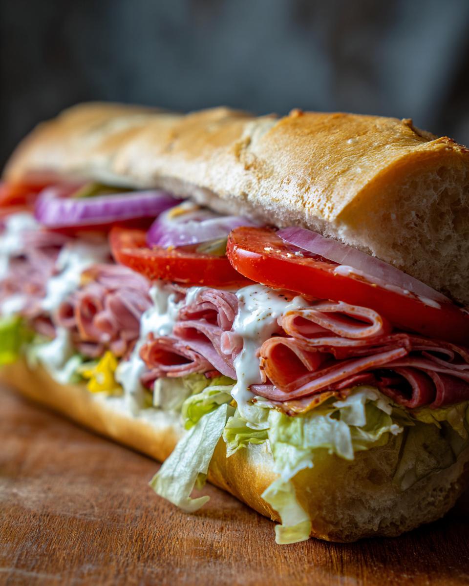 Close-up of a fully loaded italian grinder sub sandwich featuring layers of deli meat, lettuce, tomato, red onion, and creamy dressing.