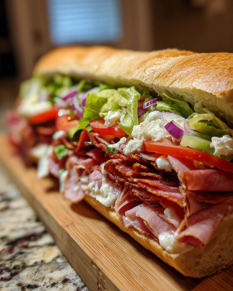 A close-up of a fully loaded italian grinder sub sandwich overflowing with meats, lettuce, tomatoes, onions, and white cheese on a wooden board.
