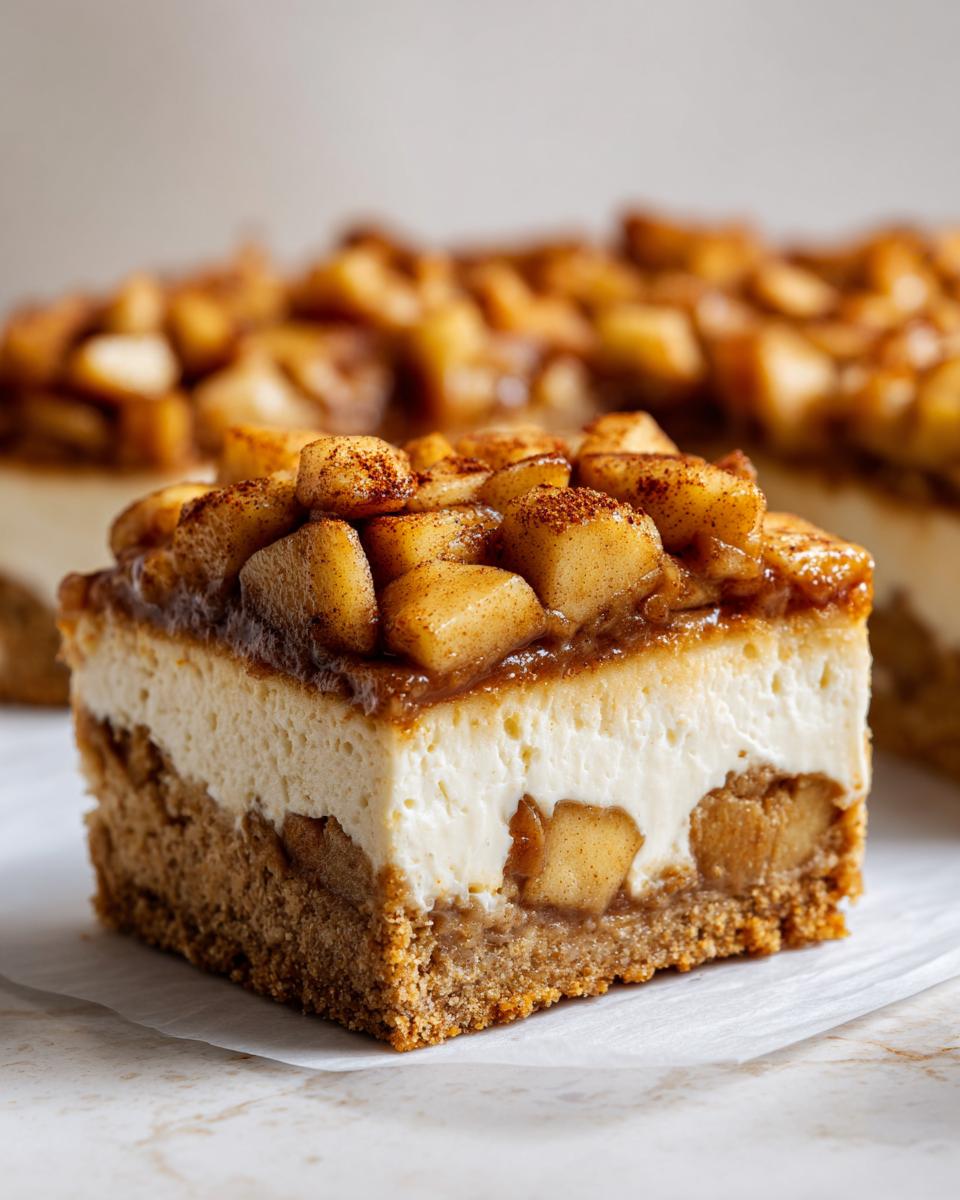 Close-up of a single square slice of loopy whisk gluten free apple cheesecake bars with thick layers.