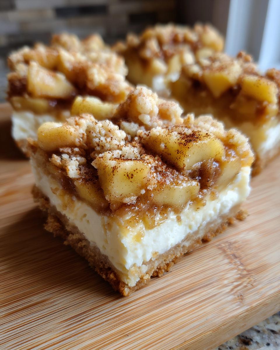 A close-up of a square slice of loopy whisk gluten free apple cheesecake bars showing layers of crust, cream cheese, and apple crumble topping.