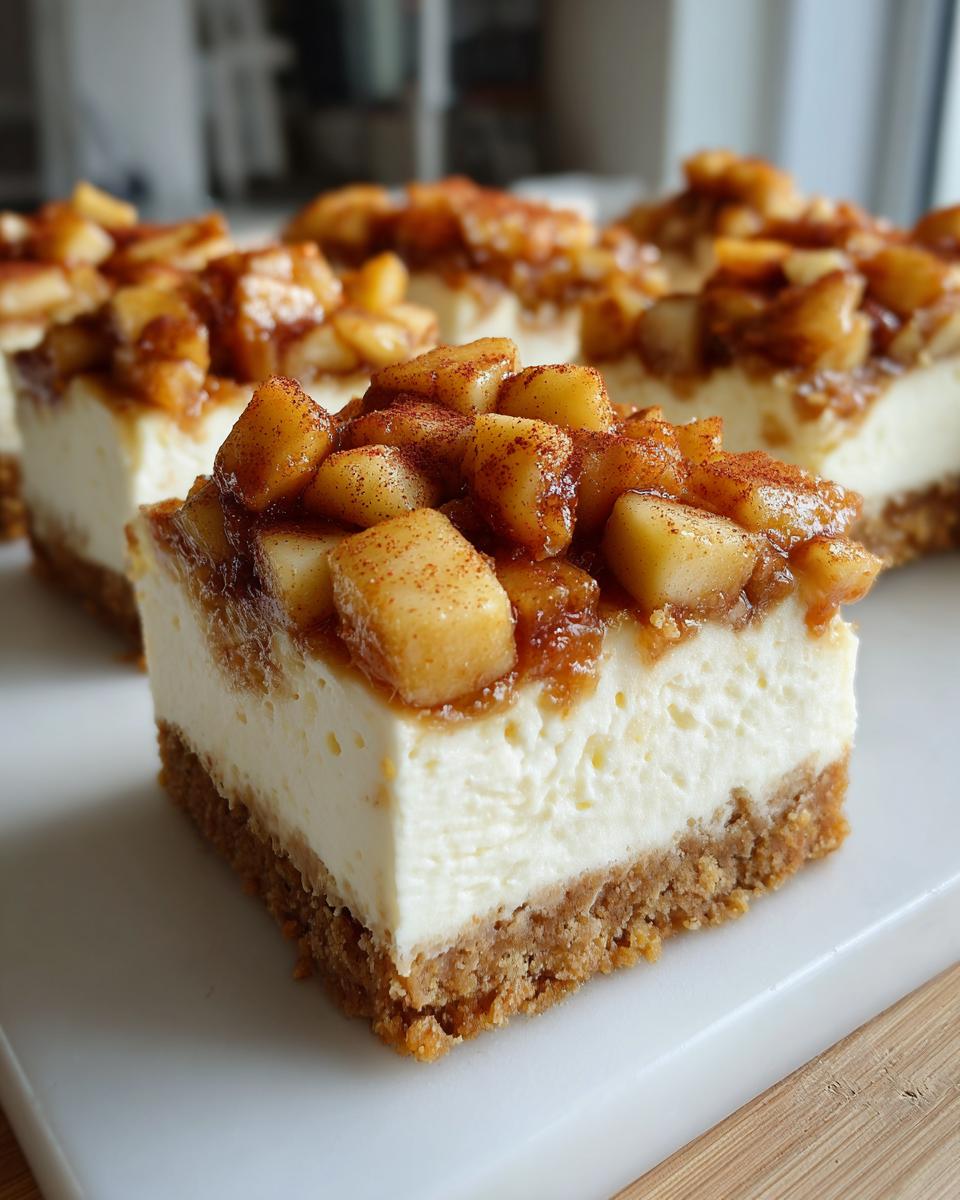 A close-up slice of loopy whisk gluten free apple cheesecake bars showing a thick graham cracker crust, creamy filling, and cinnamon apple topping.