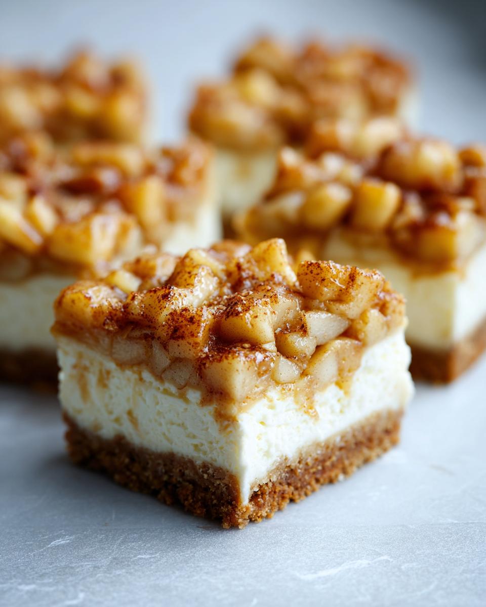 A close-up of a single square of loopy whisk gluten free apple cheesecake bars showing the graham cracker crust, creamy filling, and apple topping.