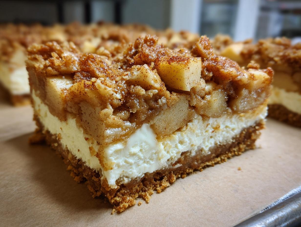 A thick slice of loopy whisk gluten free apple cheesecake bars showing the graham crust, creamy filling, and apple crumble topping.