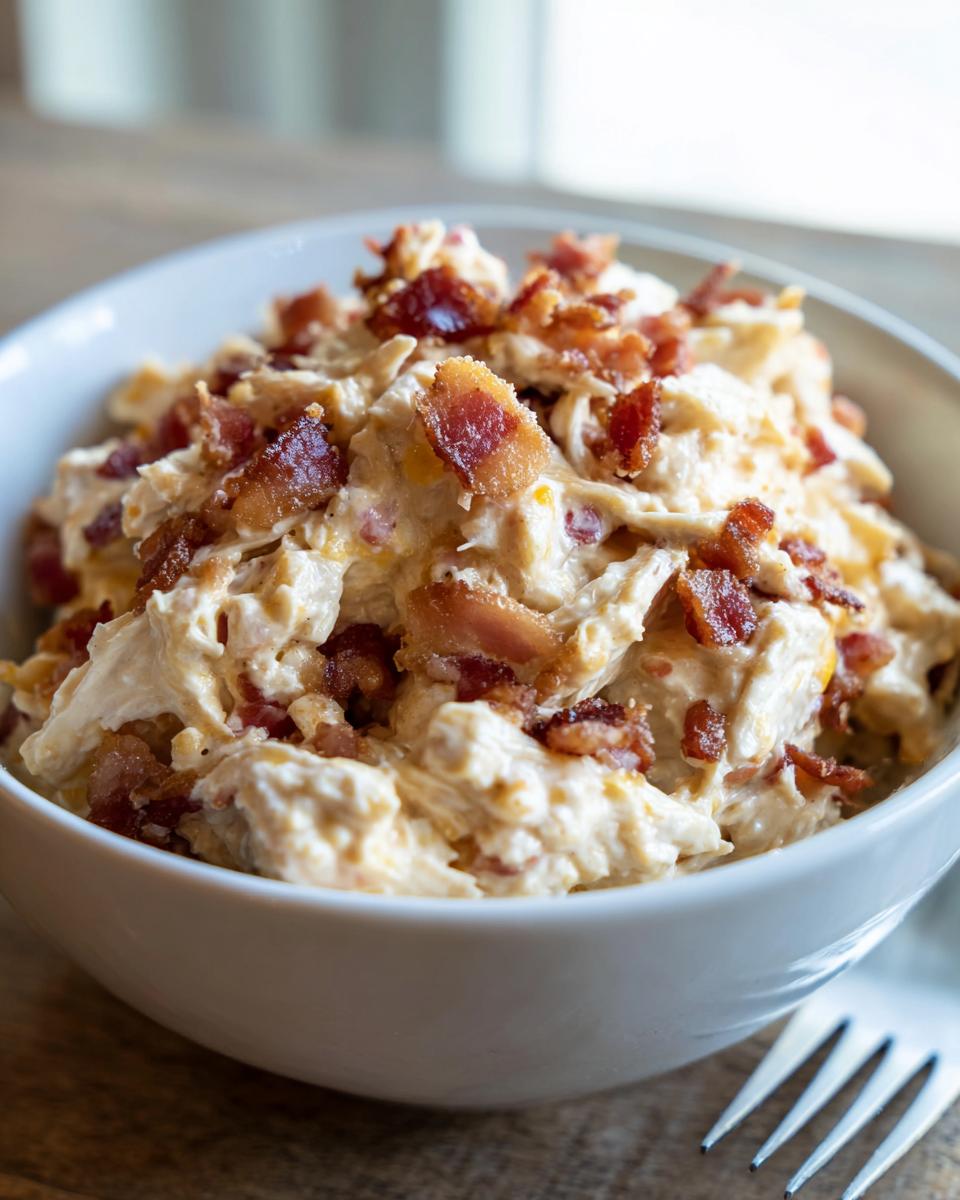 Close-up of a white bowl filled with creamy low carb easy pepper jack crack chicken topped generously with crispy bacon bits.