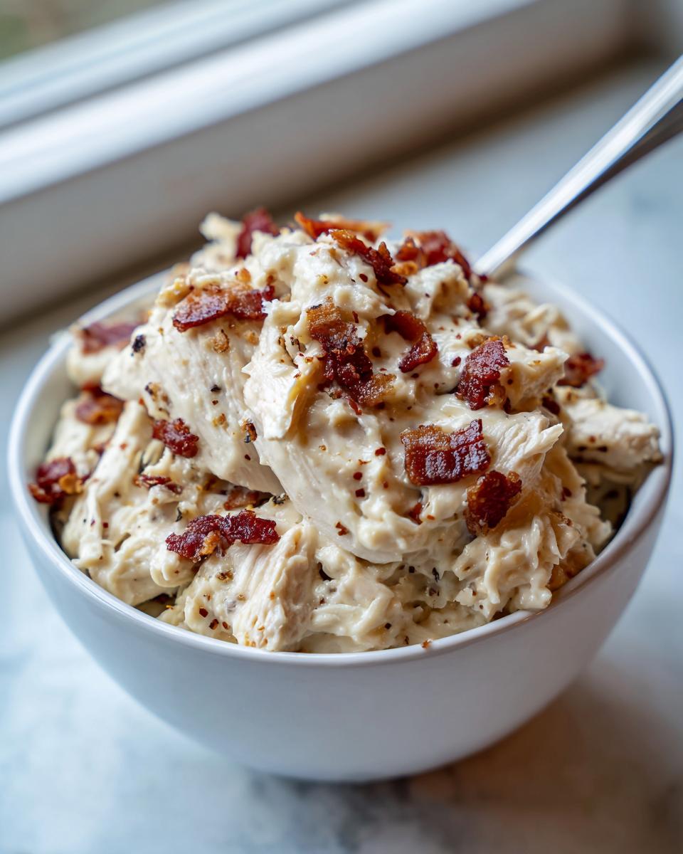 A white bowl filled with creamy, shredded low carb easy pepper jack crack chicken topped with crispy bacon pieces.