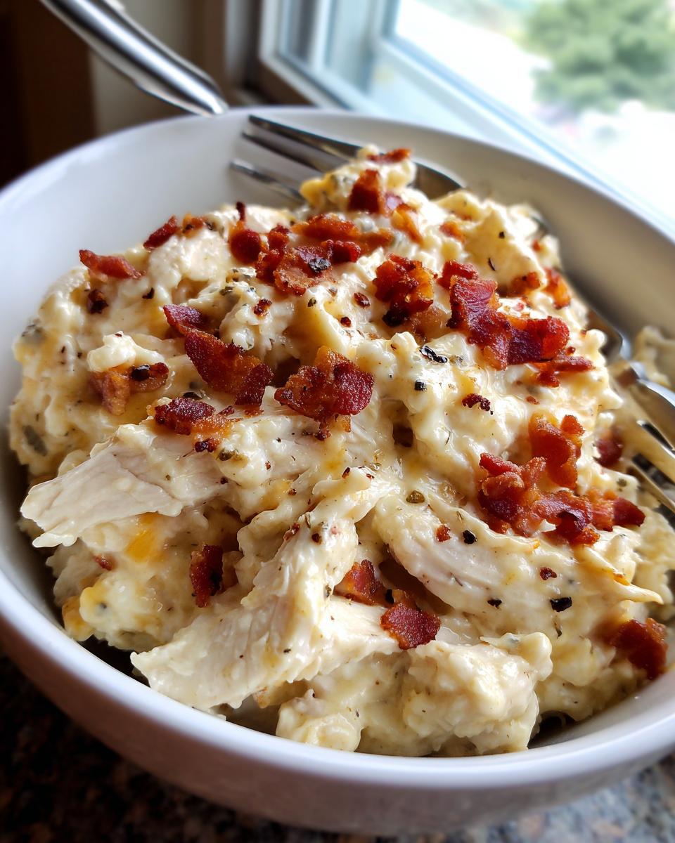 A close-up of a bowl filled with creamy low carb easy pepper jack crack chicken topped with crispy bacon bits.