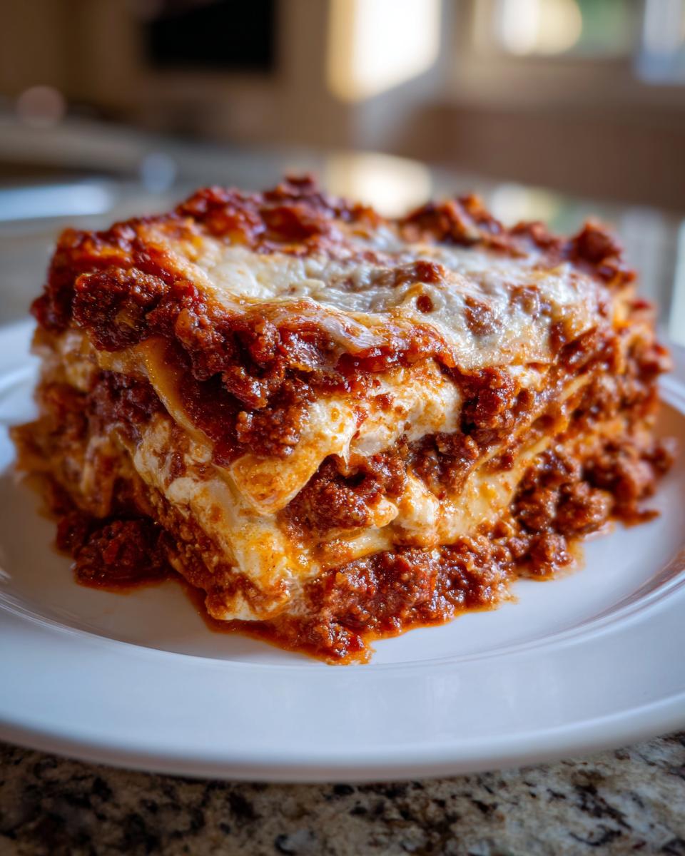 A close-up, appetizing slice of million dollar lasagna featuring layers of pasta, rich meat sauce, and melted cheese.