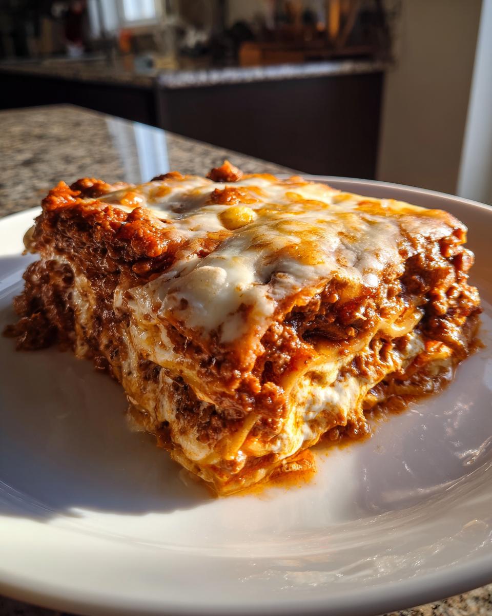 A generous slice of rich, layered million dollar lasagna topped with bubbly, melted cheese on a white plate.