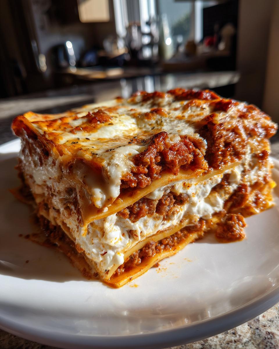 A thick, layered slice of million dollar lasagna featuring rich meat sauce and creamy white cheese filling, served on a white plate.