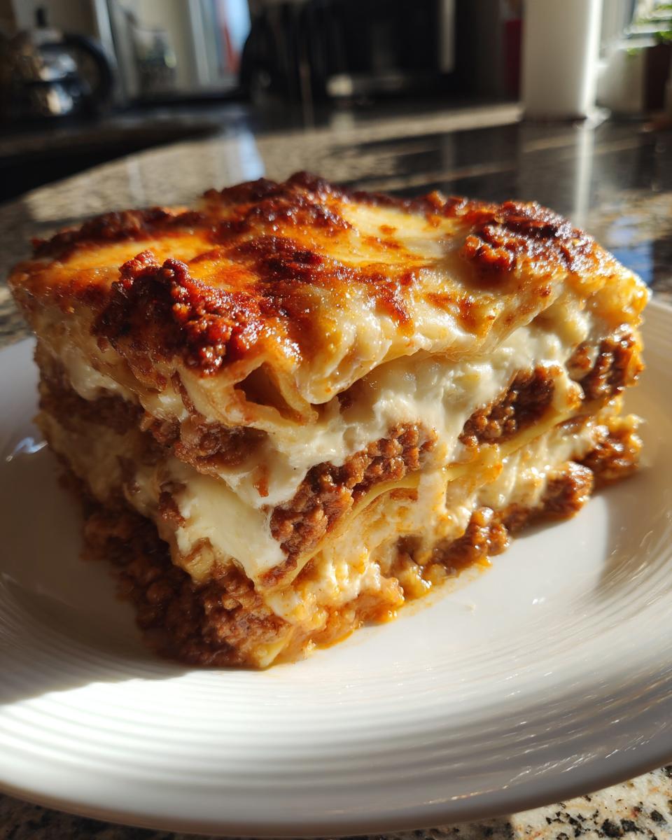 A thick, golden-brown slice of million dollar lasagna showing rich layers of pasta, meat sauce, and creamy white cheese.