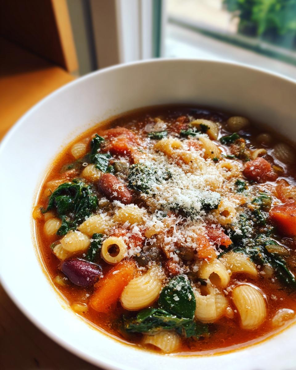 Close-up of a white bowl filled with rich minestrone soup, featuring pasta, beans, vegetables, and topped with grated Parmesan cheese.