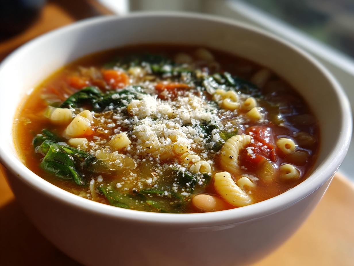 Close-up of a steaming bowl of minestrone soup topped with grated Parmesan cheese, featuring pasta, spinach, and tomatoes.