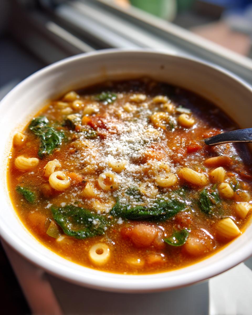 Close-up of a steaming bowl of minestrone soup topped with grated Parmesan cheese, spinach, and small pasta.