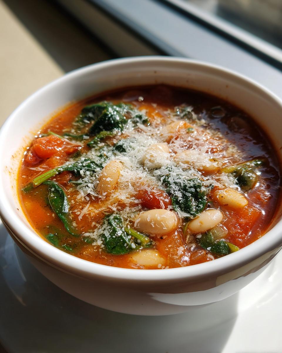 Close-up of a steaming bowl of minestrone soup topped with grated cheese, featuring white beans and spinach.