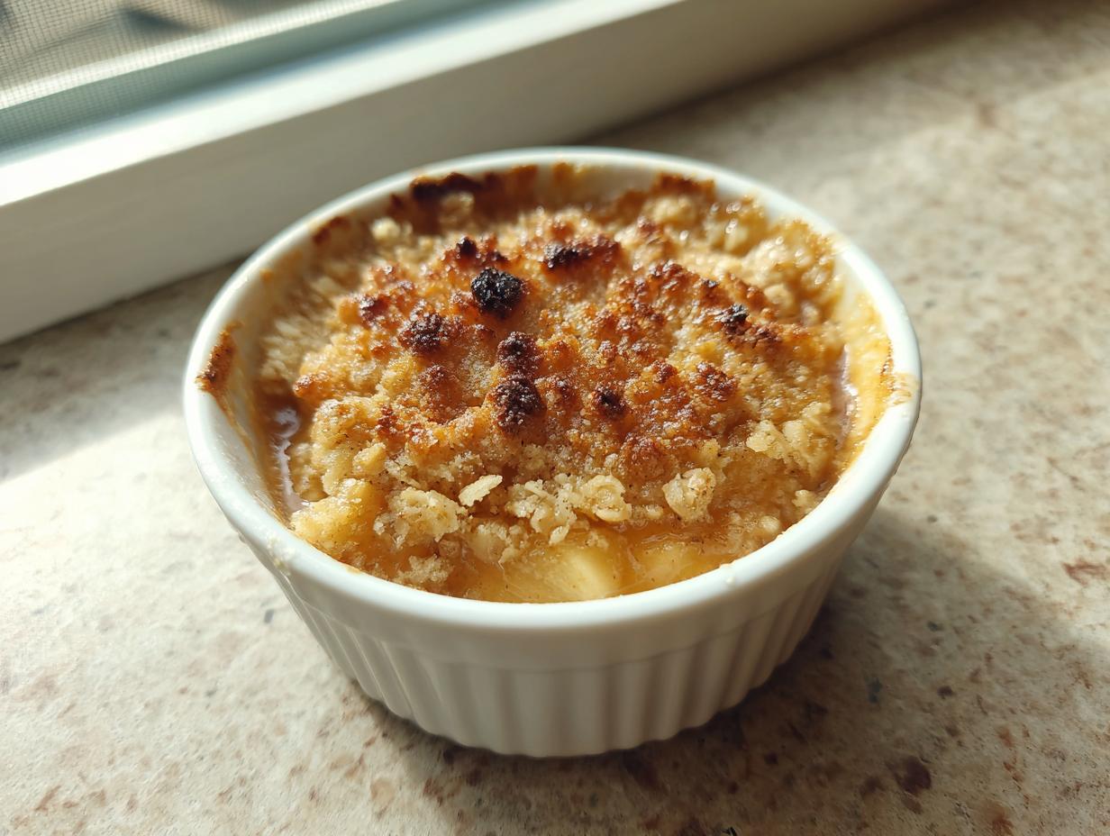 Close-up of a single serving of golden brown mini apple crisps baked in a white ramekin.
