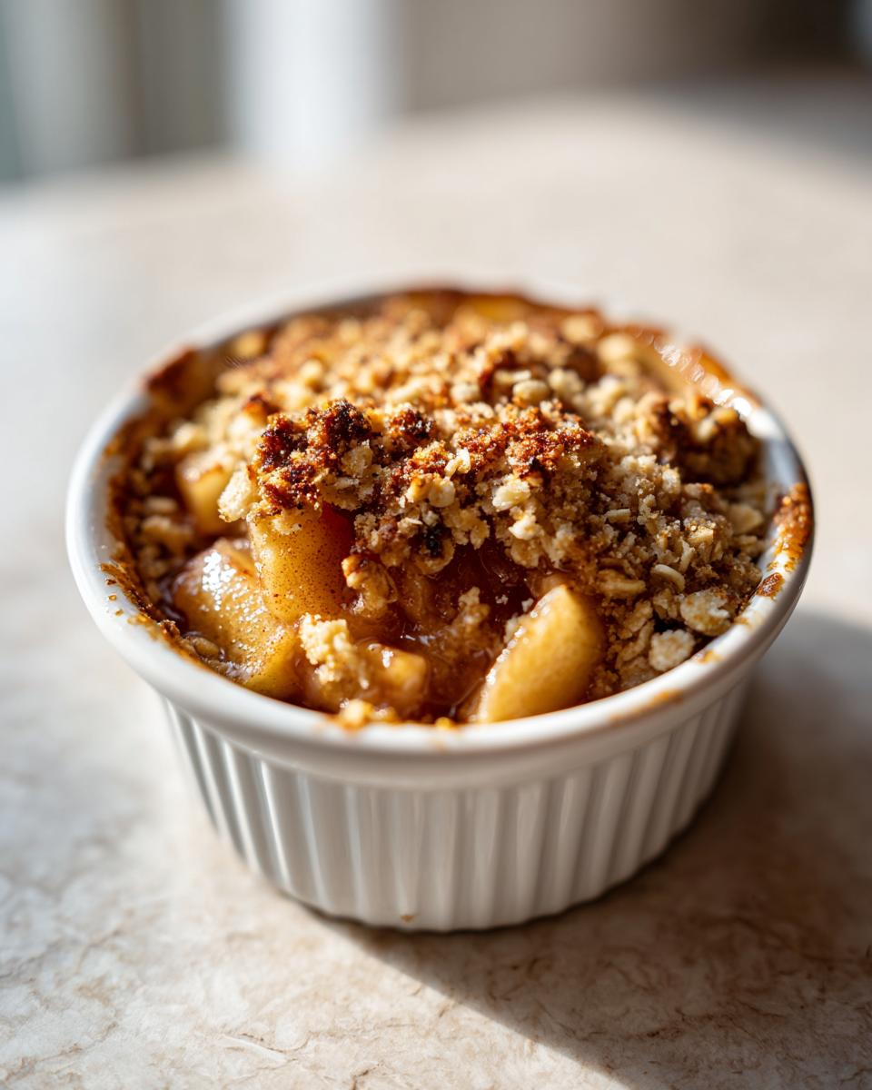 A close-up of warm mini apple crisps topped with a crunchy oat crumble, served in a white ramekin.