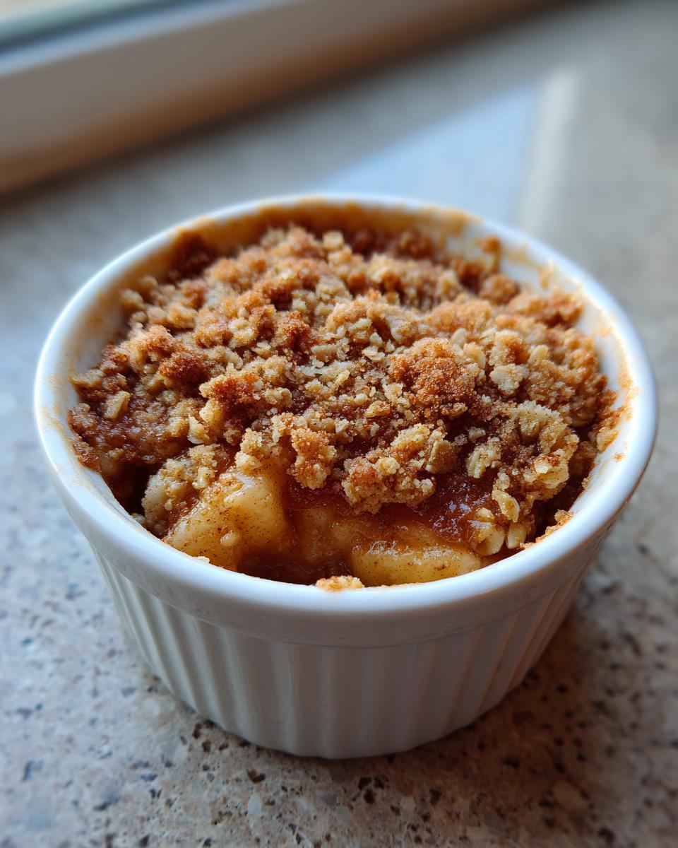 A close-up shot of warm mini apple crisps topped with a crunchy, golden-brown crumble in a white ramekin.