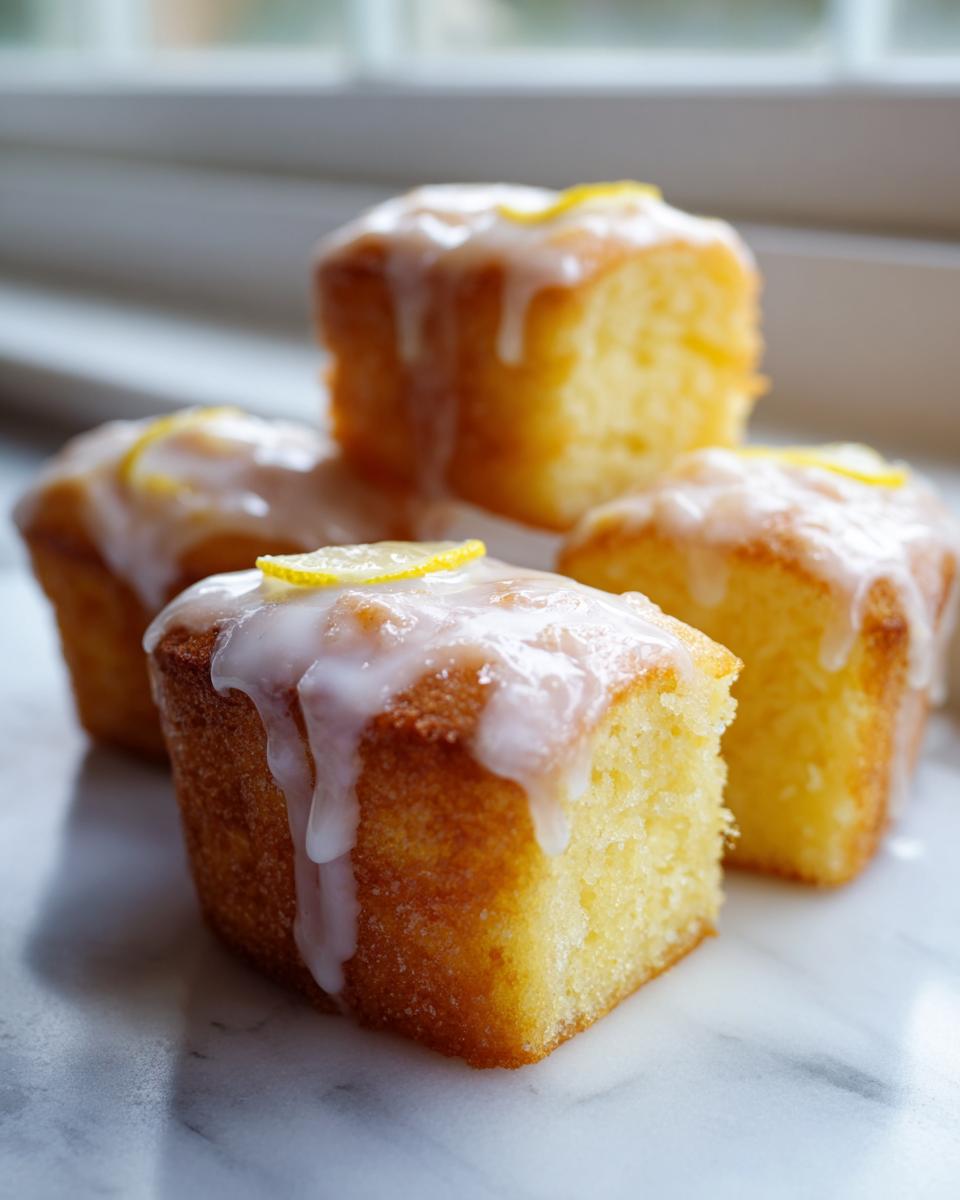 Four moist mini lemon cakes with lavender glaze dripping down the sides, garnished with lemon slices.