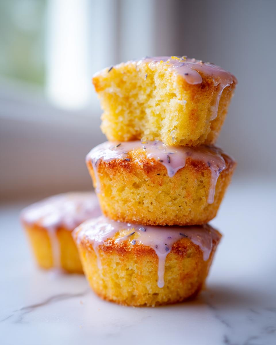 Three mini lemon cakes with lavender glaze stacked, one on top has a bite taken out showing the moist interior.
